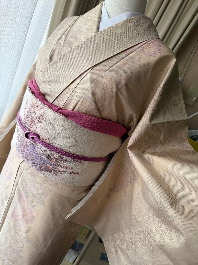 memeko 正絹 白大島紬小紋 ベージュ×グレー×パープル 横双 単品