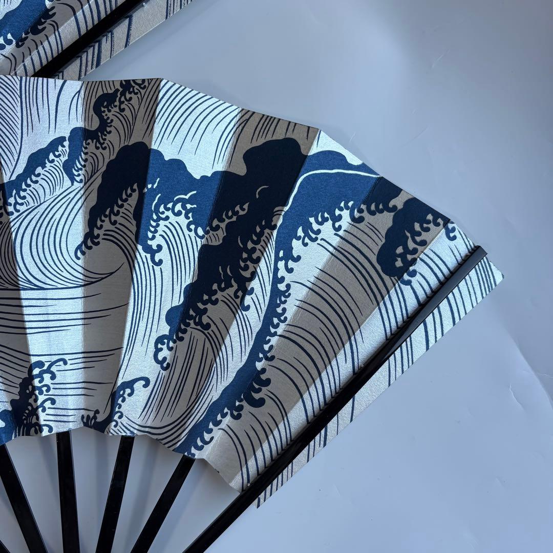 (729)舞扇　7本セット　波柄　パール　白　青