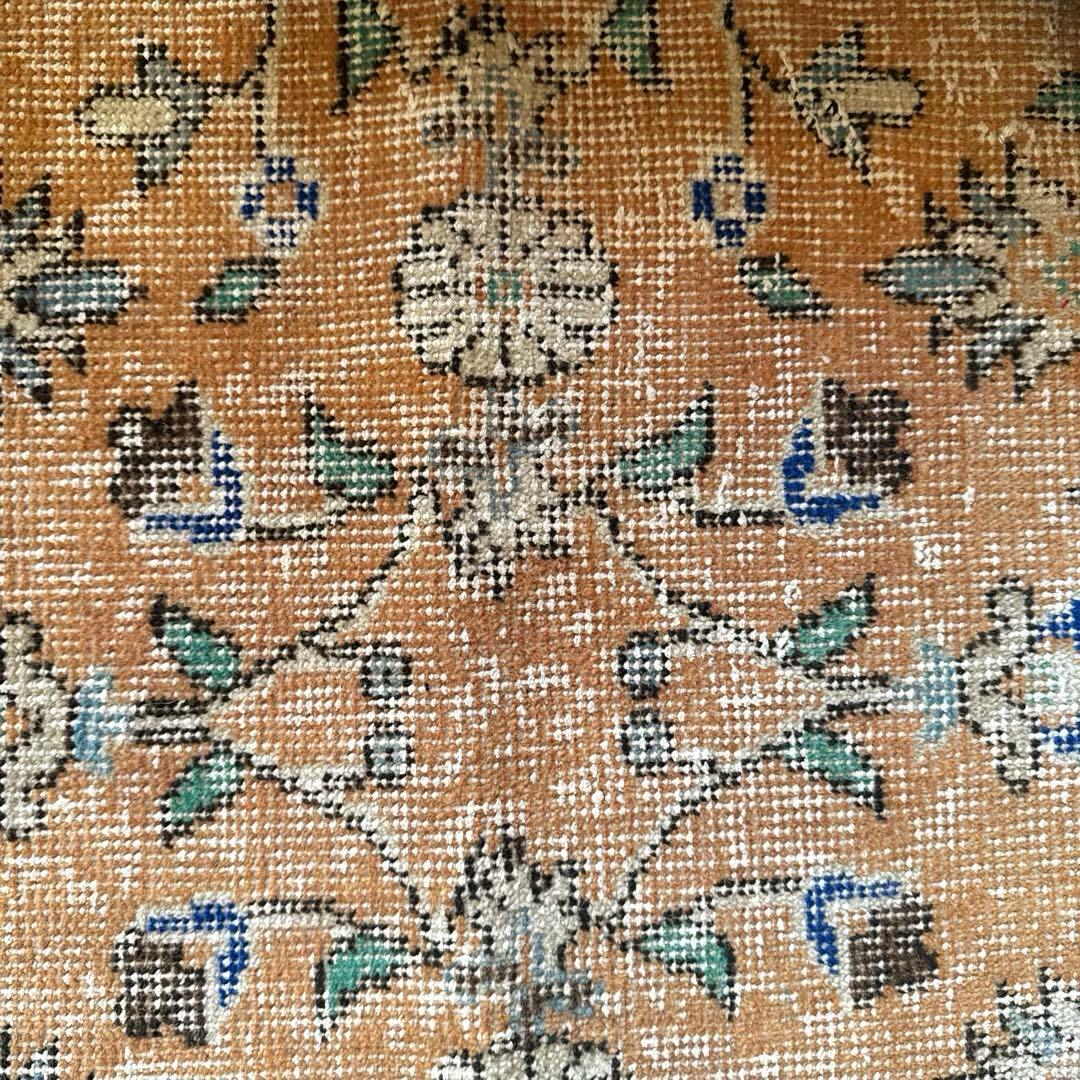 56×120ペールオレンジ　青い花　ボタニカル　トルコヴィンテージラグ