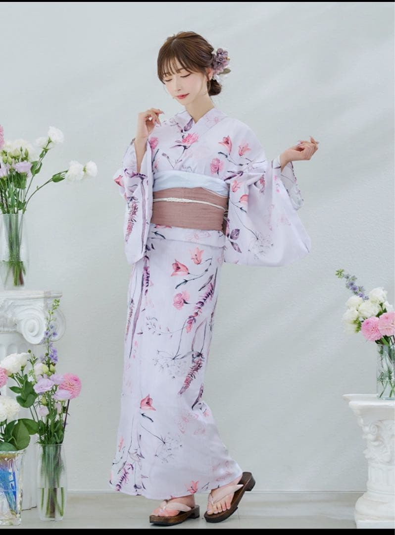 薄紫 花柄 浴衣・帯セット Riuコラボ　Rちゃん　sugar