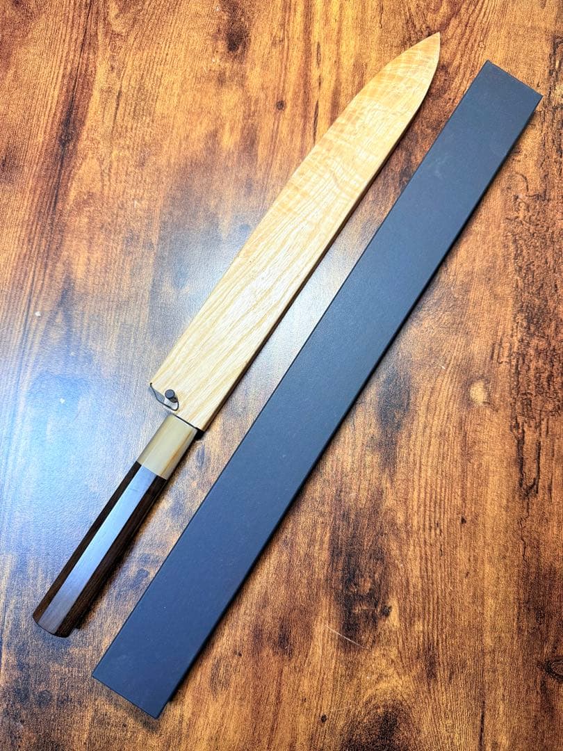 森本光一作　左用　刺身 柳刃　白一鋼　尺　紫檀白水牛八角柄　鞘付き