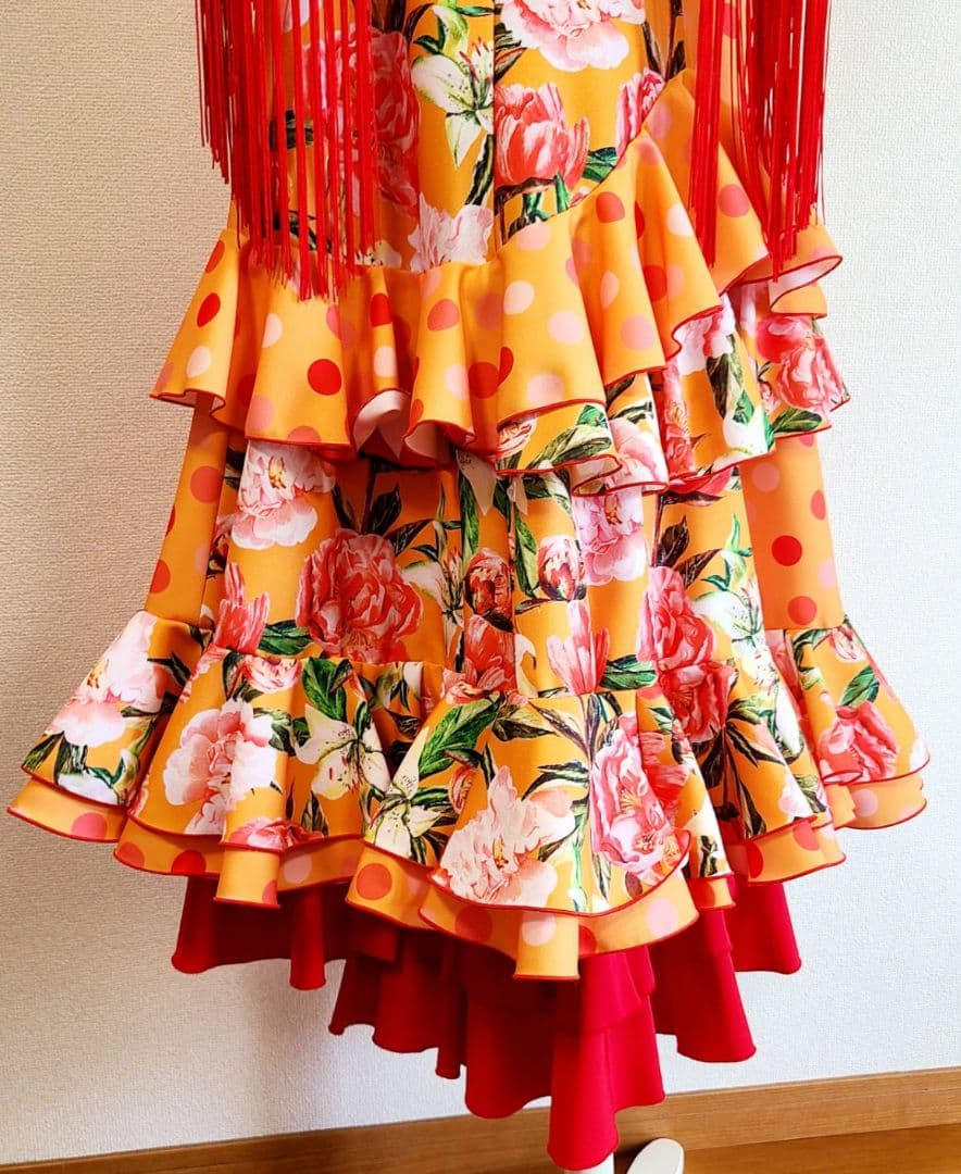 フラメンコスカート オレンジ 花柄 ドット