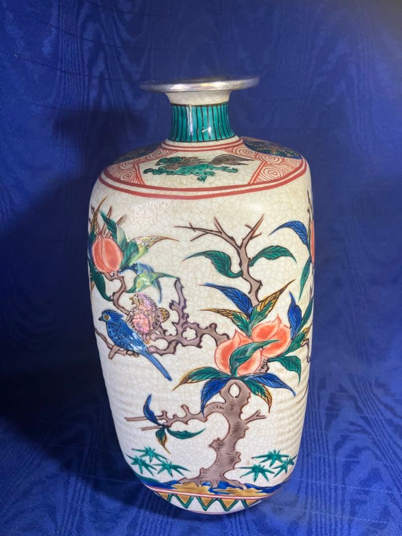 九谷焼　色絵花瓶　角福　花鳥図角型花瓶　銀修理品　レア　骨董品
