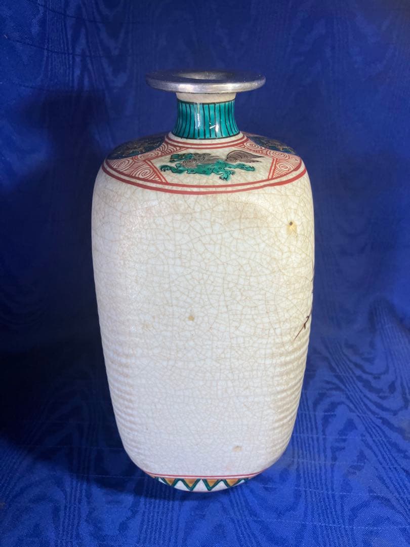 九谷焼　色絵花瓶　角福　花鳥図角型花瓶　銀修理品　レア　骨董品