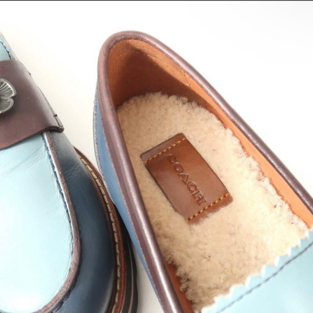 【美品】コーチ レザー 厚底ローファー 23.5cm フラワーモチーフ