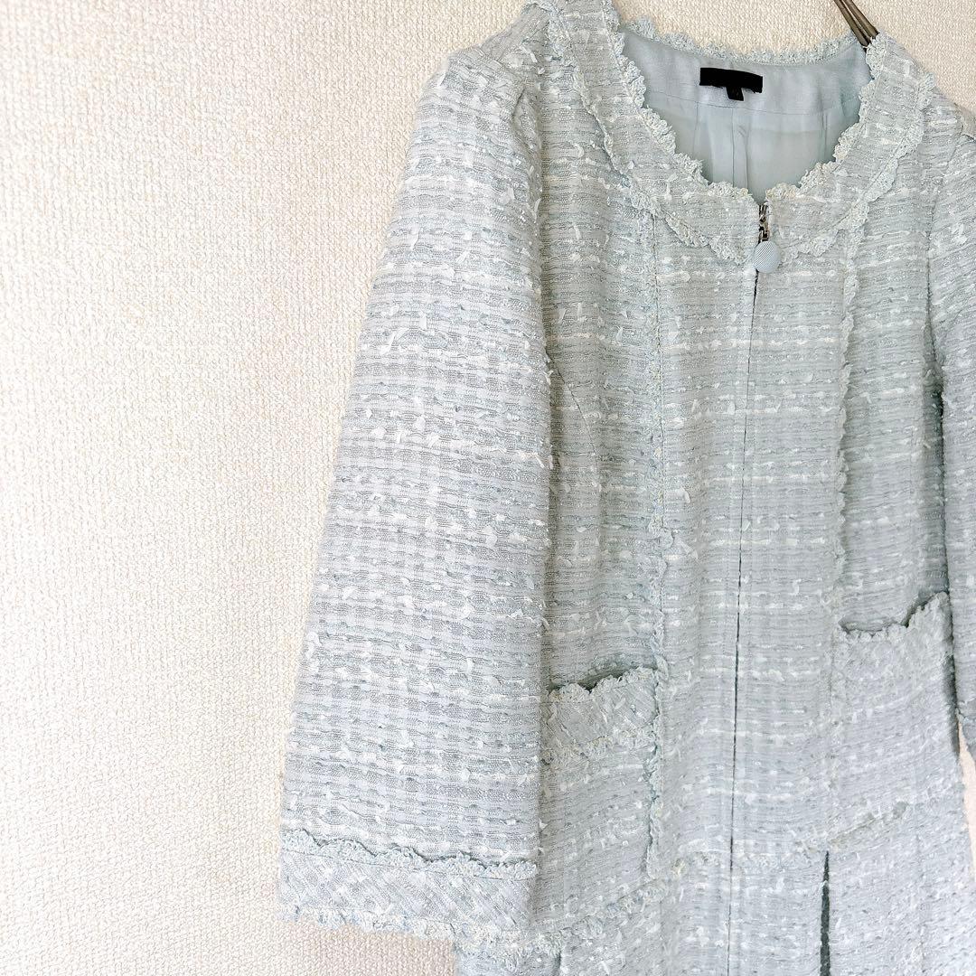 高級✨TO BE CHIC ノーカラー ツイードワンピース 水色 42 L〜XL