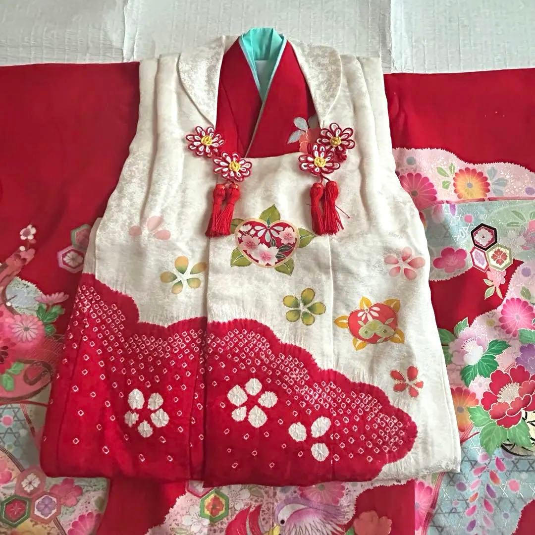 七五三 3歳 絞り 被布 着物 絹 三歳 赤 草履 753 女の子 子供着物 白