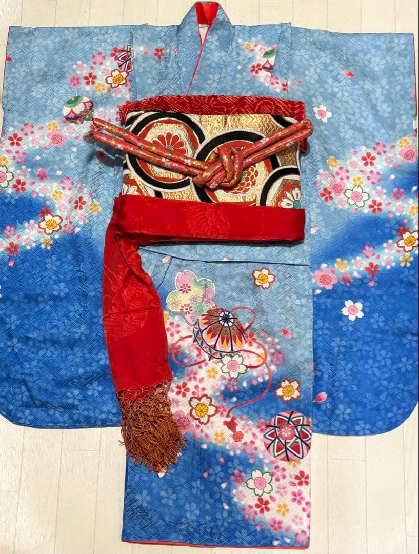 七五三　7歳　正絹　着物　フルセット　水色　桜　毱