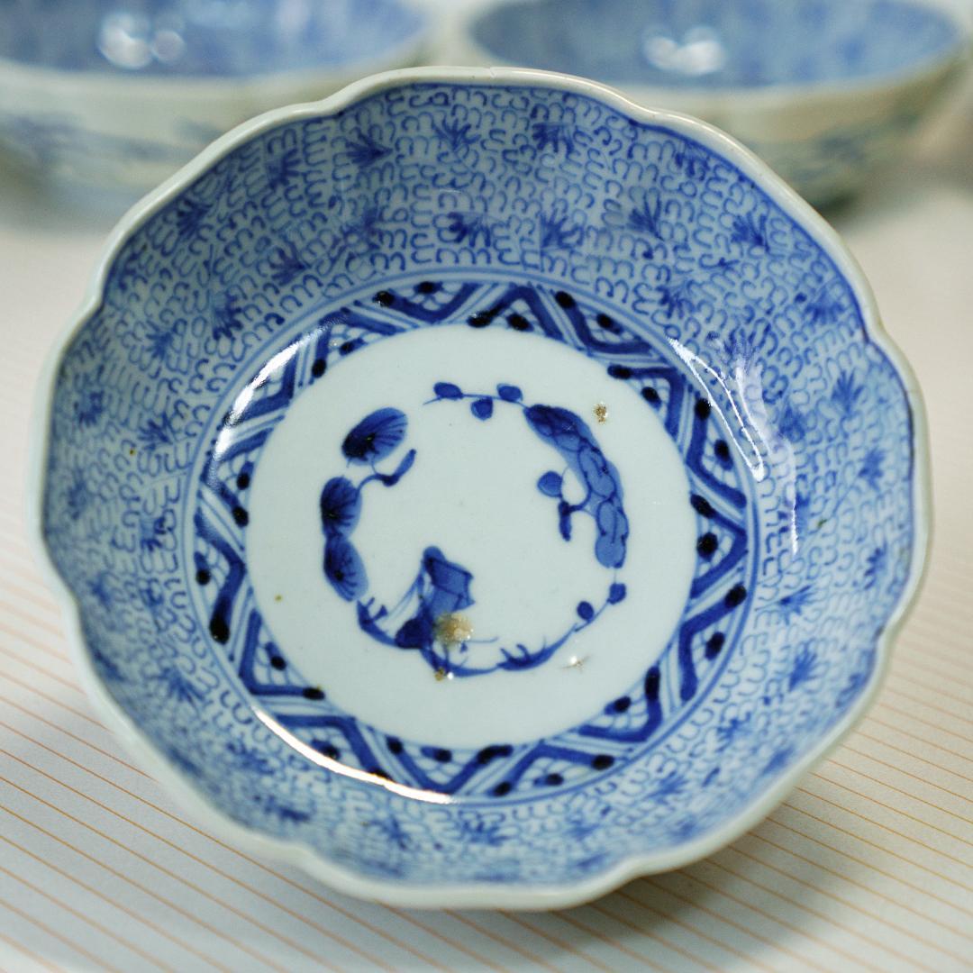 古伊万里　染付　微塵唐草 輪花縁　なます皿　成化年製 5枚セット