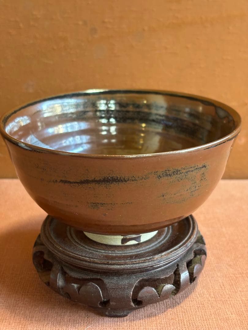 やまちゃん河井寛次郎作寛彫銘柿鉄釉茶碗大正11年作　秀逸一品　検中国朝鮮倣