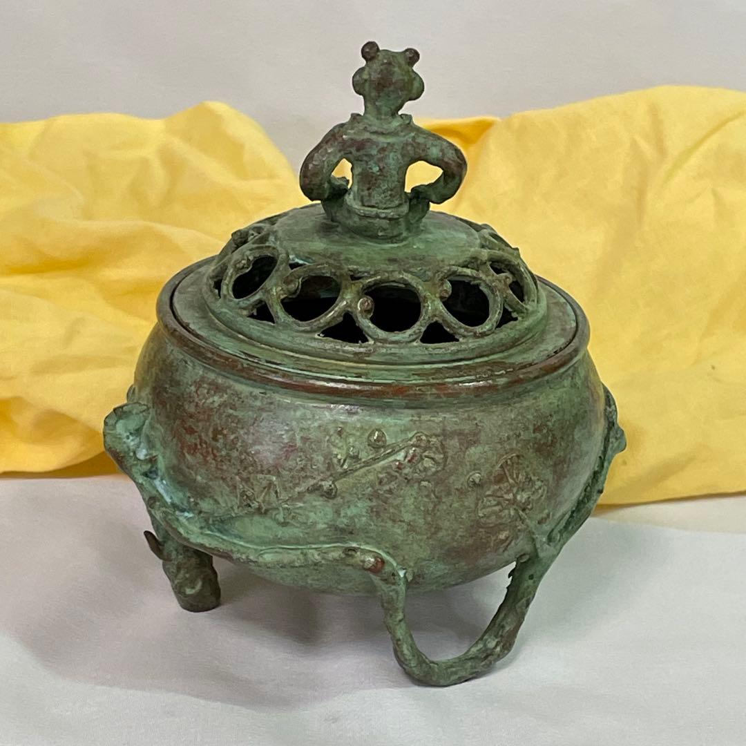 高岡銅器 須賀七郎作 月芳 蝋型鋳銅 香炉 唐子蓋梅文 共箱 証書 栞 時代物