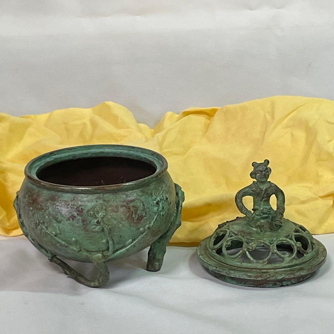 高岡銅器 須賀七郎作 月芳 蝋型鋳銅 香炉 唐子蓋梅文 共箱 証書 栞 時代物