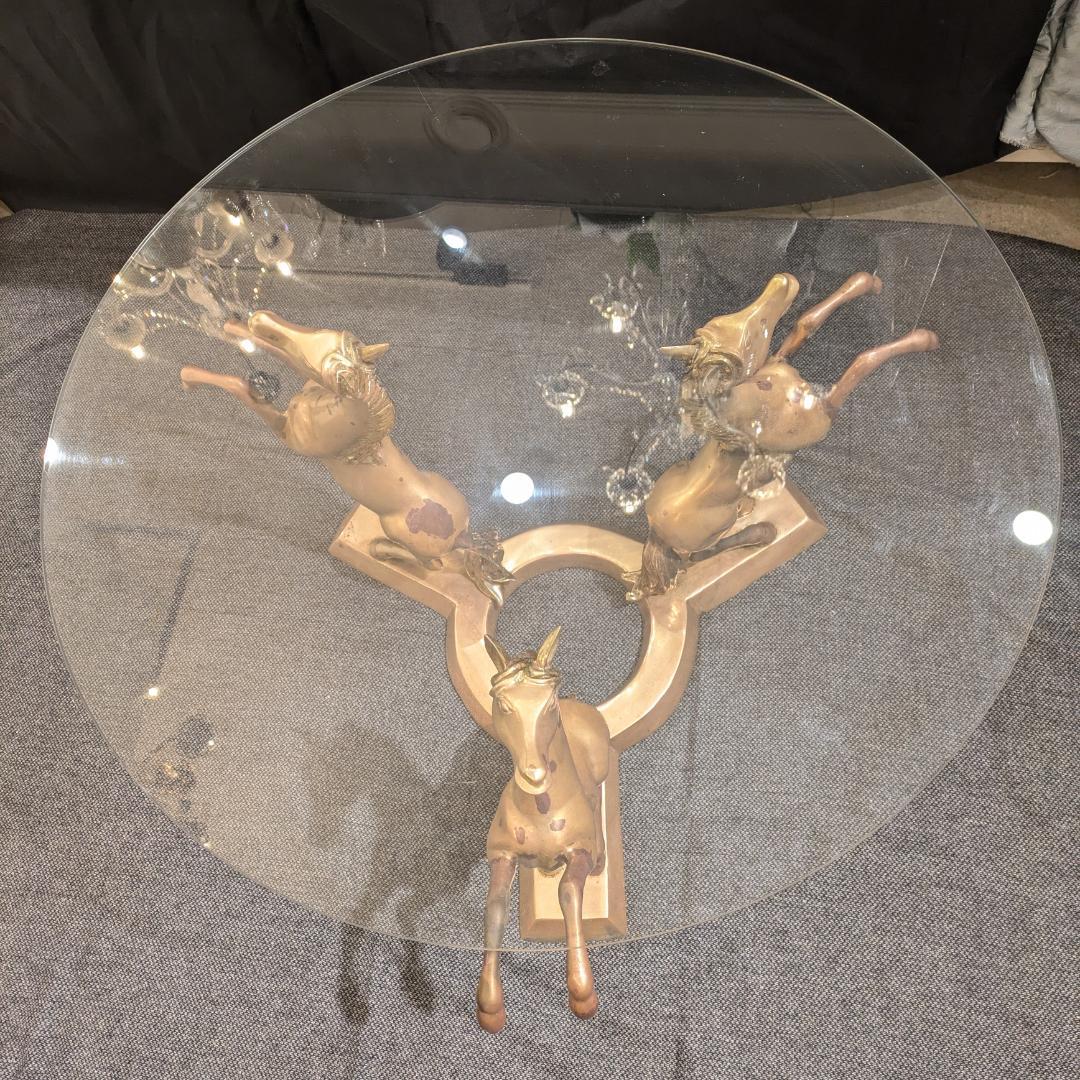 1【希少】サイドテーブル 銅無垢 ブロンズ製 上品 ガラステーブル 馬