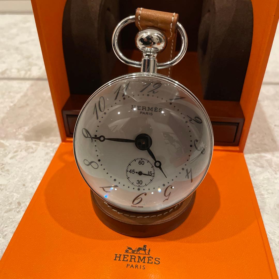 HERMES 置時計 シルバー メタル レザー　時計　手巻き