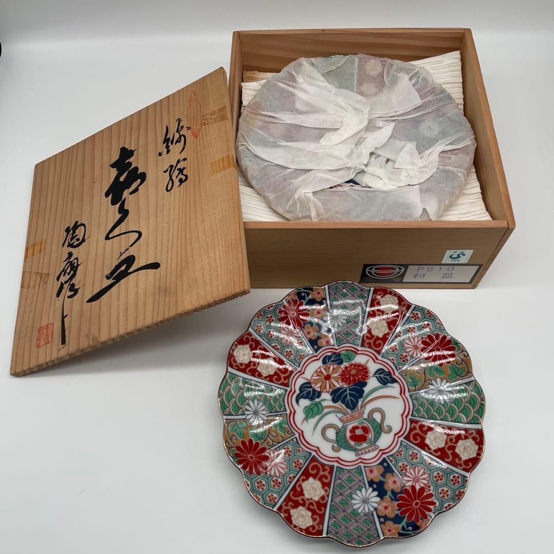 未使用 有田焼 陶扇菊割皿5枚セット 陶扇 田扇 菊割皿 錦絵 金彩 古伊万里