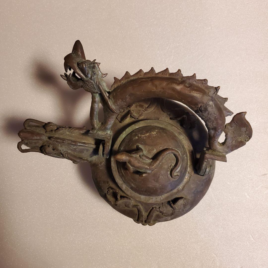 中国古玩　古銅製　双龍頭　香炉　希少品