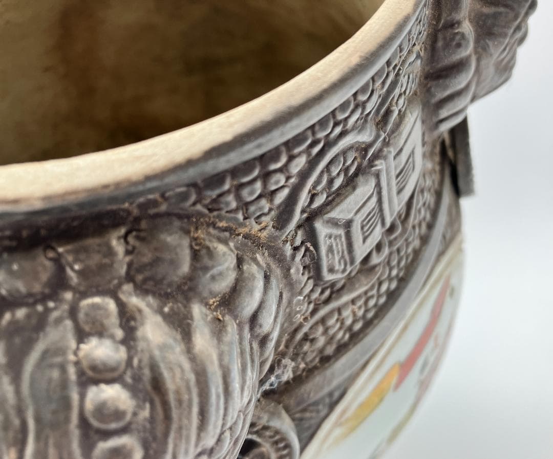 【中国美術】『黒陶四耳唐子図壺』　高さ：２３ｃｍ　花瓶　花生　置物　黒釉