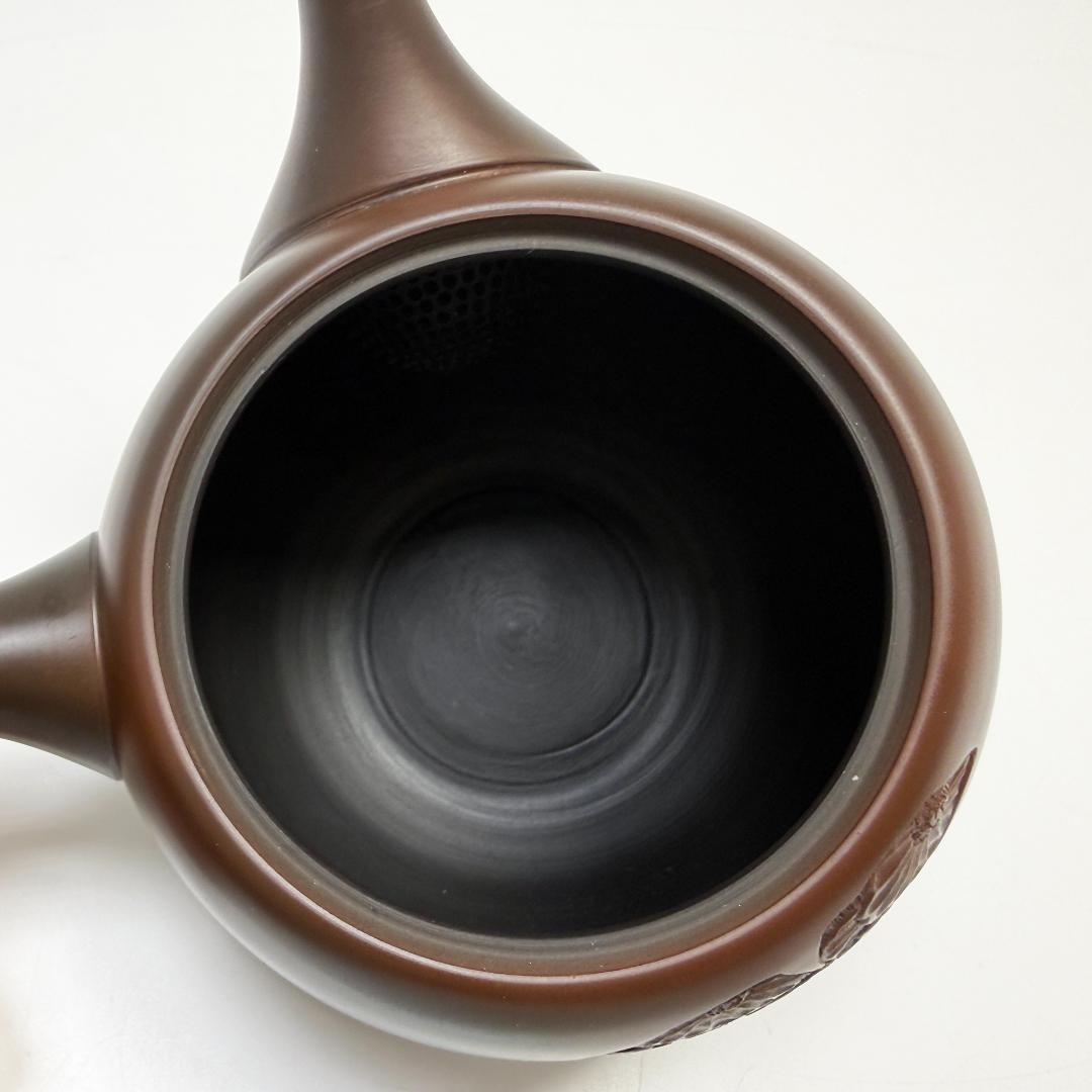 美品 常滑焼 山田宝生 急須 イチョウ紅葉菊彫 横手急須