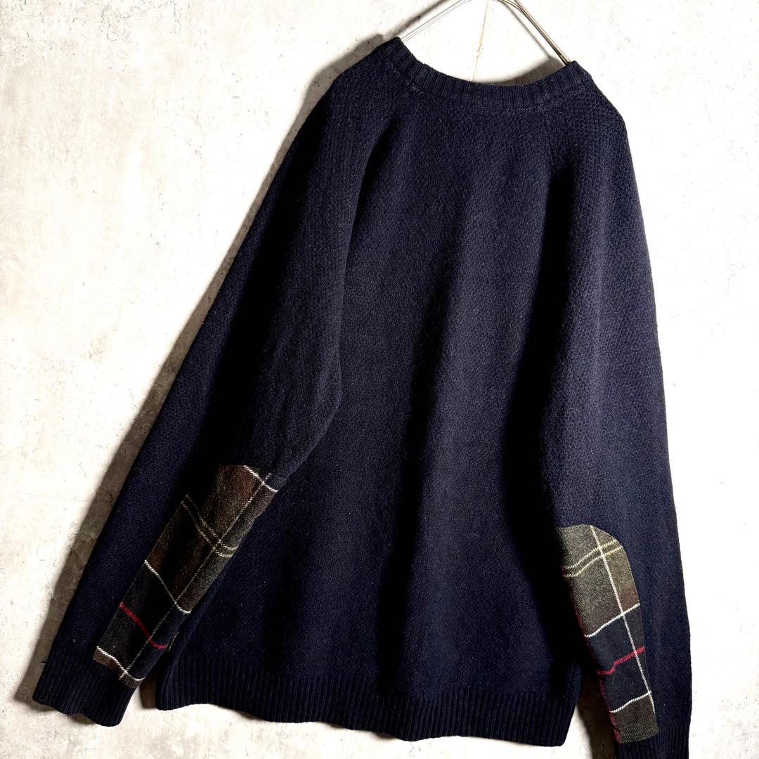⭐️希少⭐️バブアー Barbour ニット L アームパッチ チェック ウール 紺