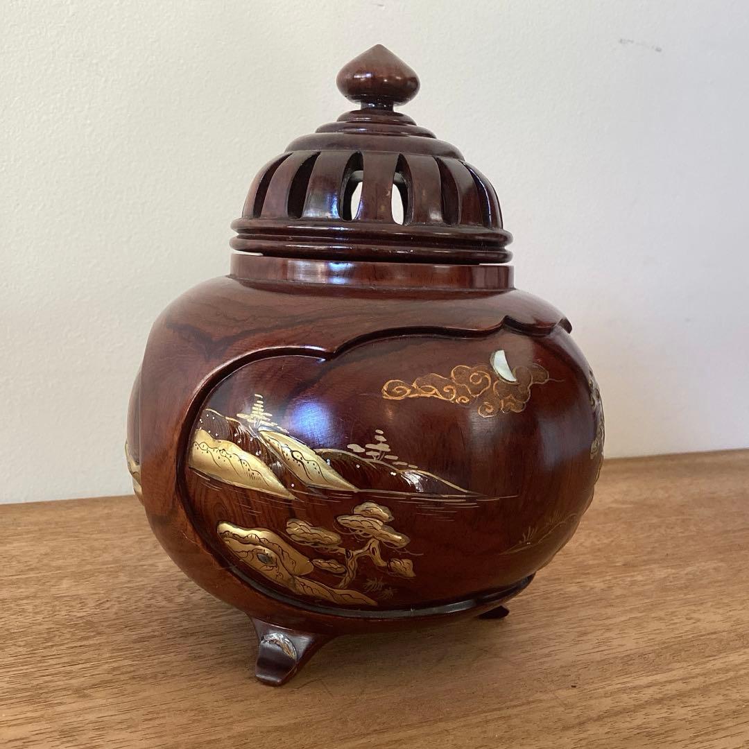 三足香炉　雲龍作　高級紫檀　蒔絵香炉　金蒔絵　山水之図　松　鶴　竹　木製木製