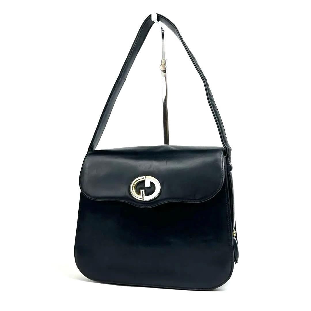 『美品』グッチ　ショルダーバッグ　GG　インターロッキング　レザー　ネイビー