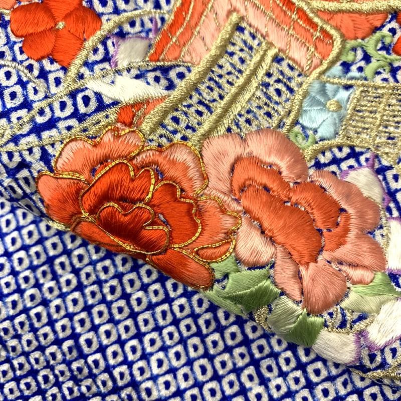 506ag54□七五三 七歳 女児 着物&袋帯 総絞り 総刺繍 御所車□美品