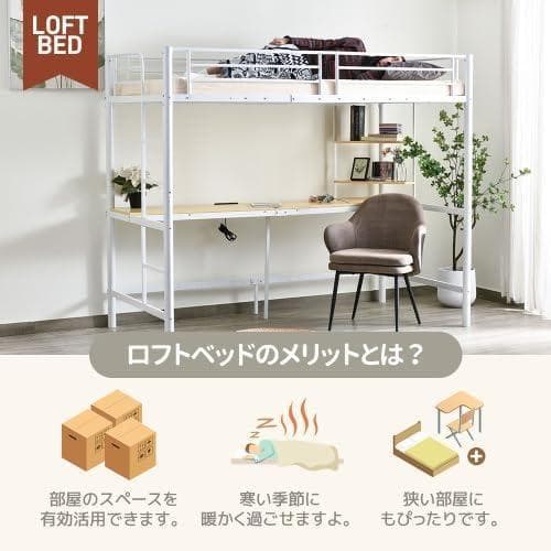 システムベット 宮棚 ロフトベッド シングル コンセント付き デスク付 ホワイト