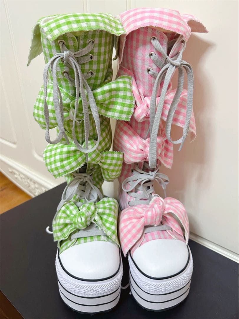 y2k 平成ギャル　ギンガムチェックリボン　ロングブーツ　リボン厚底靴　00s