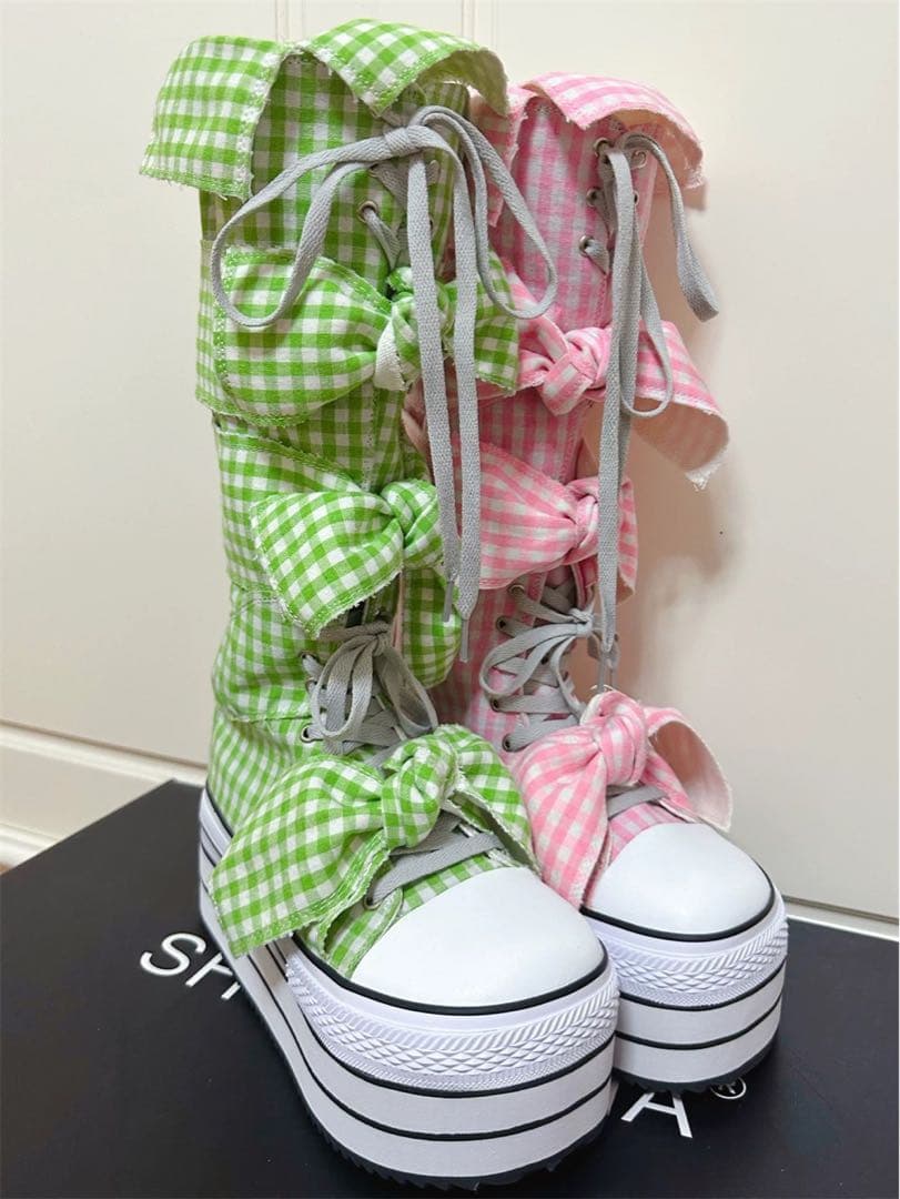 y2k 平成ギャル　ギンガムチェックリボン　ロングブーツ　リボン厚底靴　00s