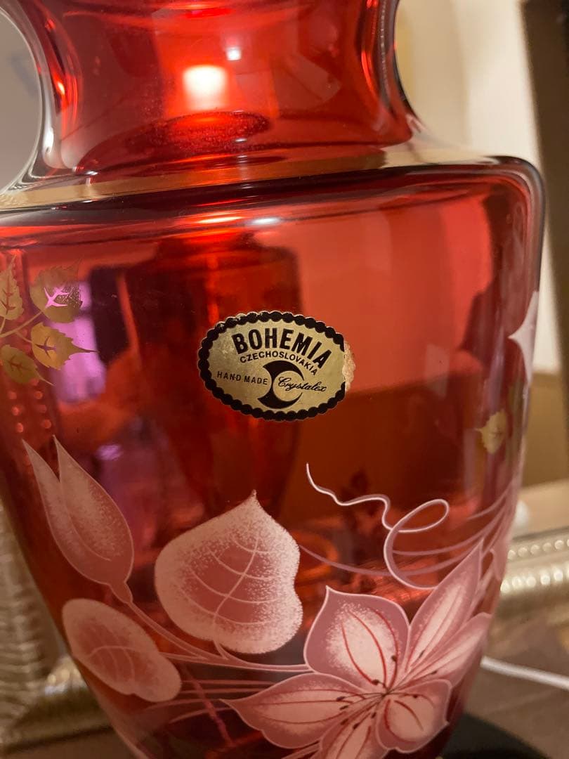 最終価格未使用BOHEMIA ◆【花器】ボヘミア/手描き フラワーベースボルドー