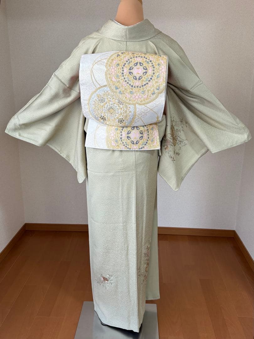 4点フルセット 訪問着　袋帯　帯揚げ　帯締め　スワトウ刺繍　逸品
