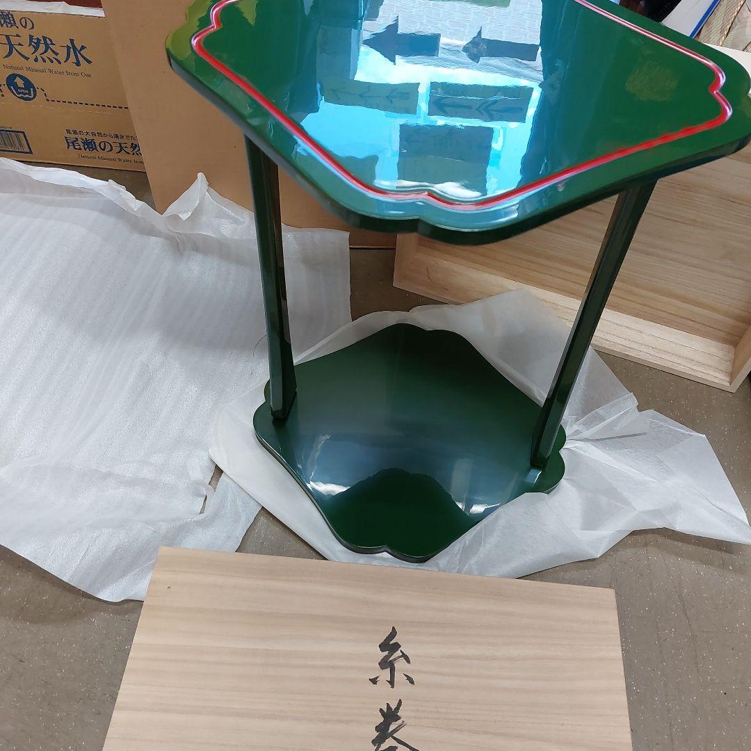 糸巻卓　茶道具 未使用 塗し　真斉 桐箱入り 木工製品 グリーン 色