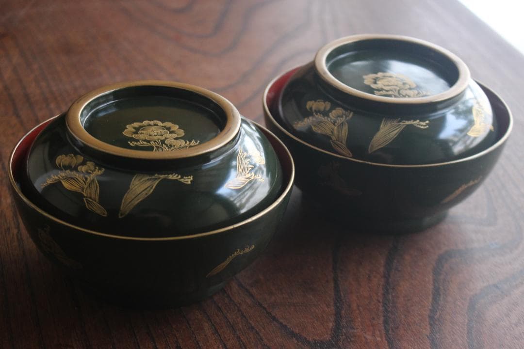 小傷有！時代青塗りに優美な福寿草沈金の煮物椀2点（検輪島塗蒔絵椀沈金椀雑煮椀