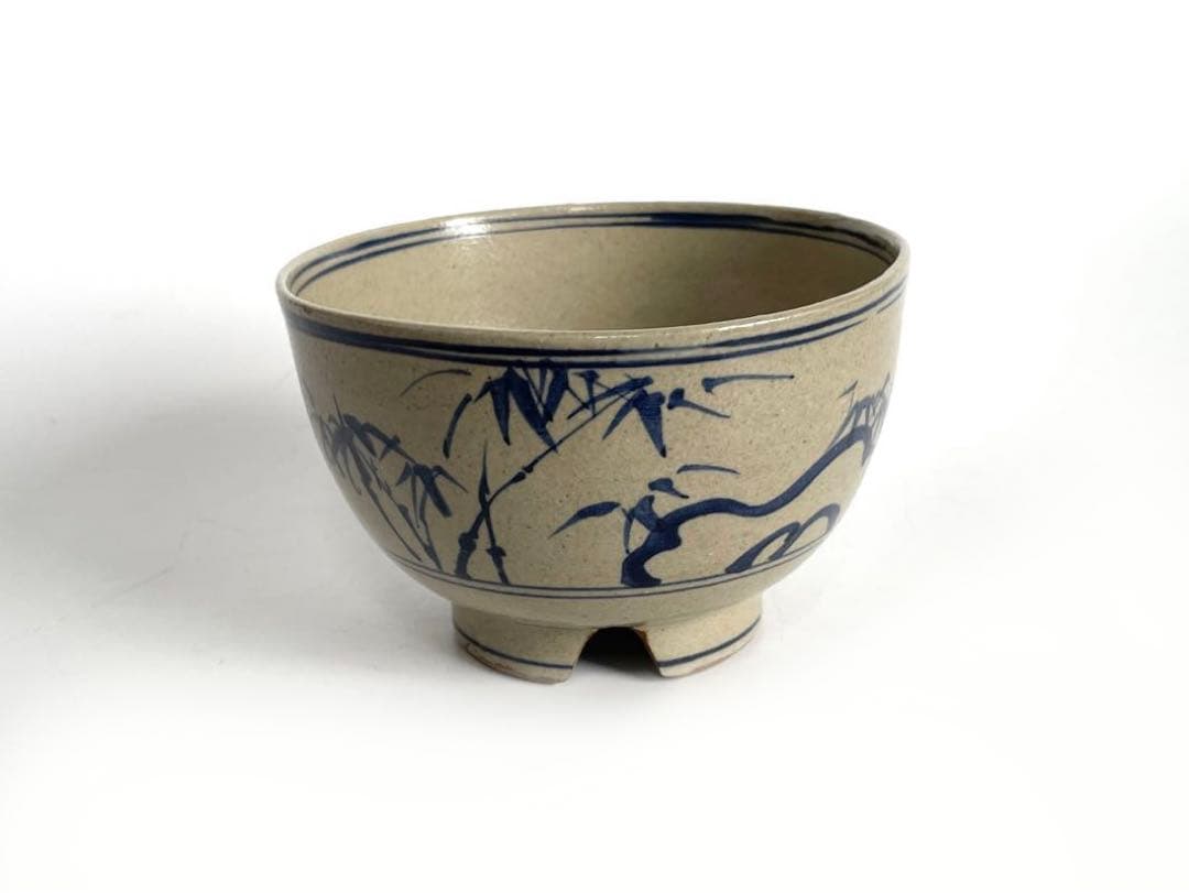 陶芸家　作家物　膳所　茶碗　染付　安南写茶碗　福字　共箱　今日庵書付