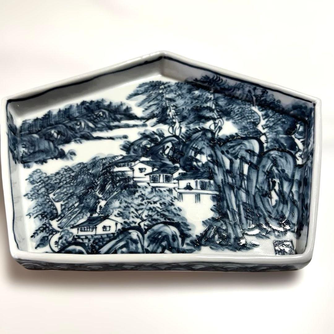 京焼 清水焼 六齋窯 村田幸之介 染付 五角皿 2個 山水画　新品未使用