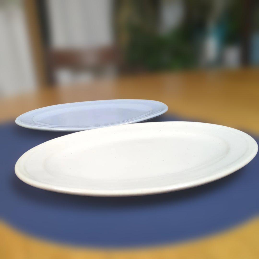 awabiware アイボリー・ブルー2枚楕円形平皿岡本純一新品未使用