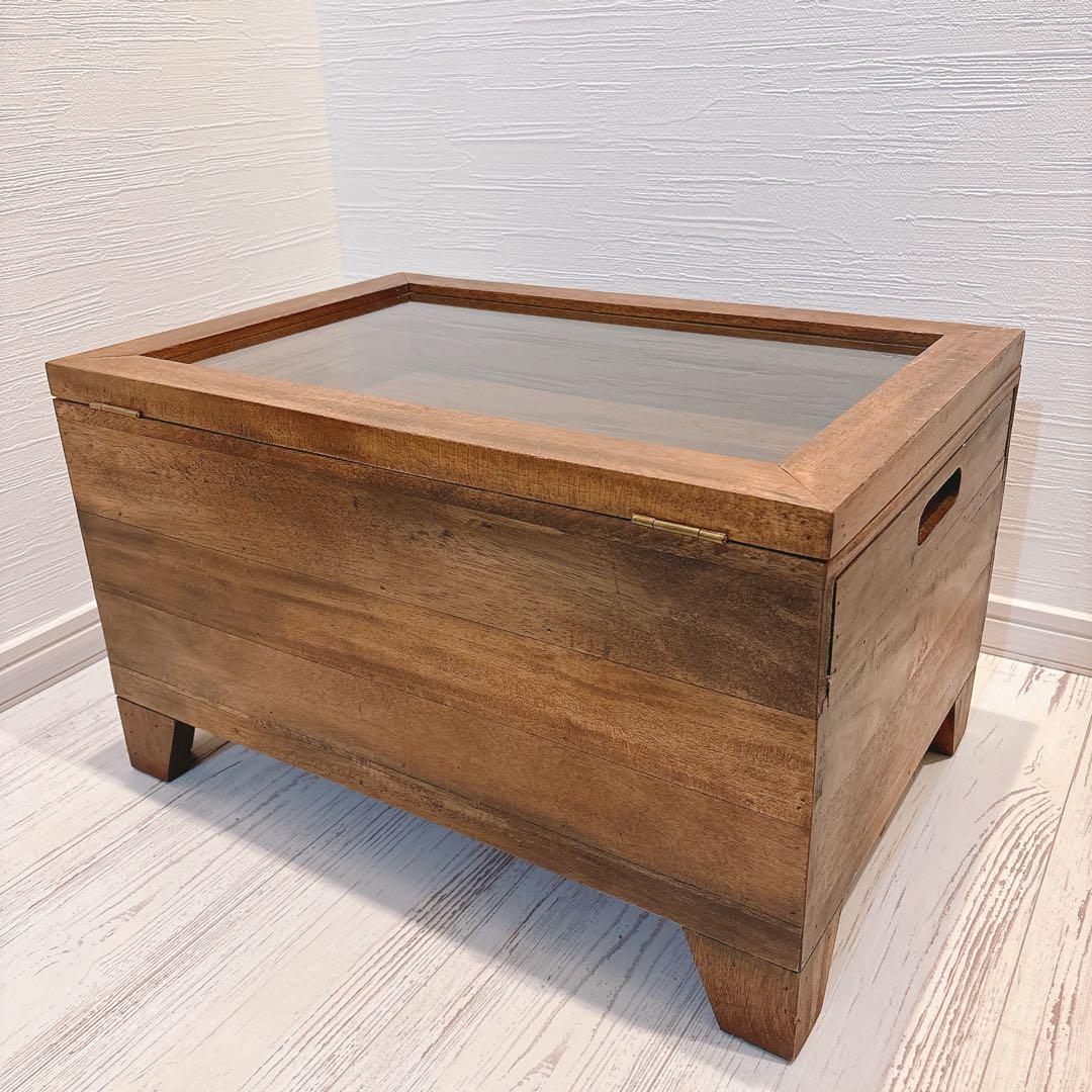 木製テーブル アクセサリーケース ディスプレイ ガラス蓋つき ガラス天板