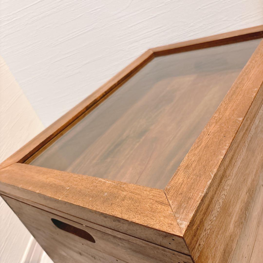 木製テーブル アクセサリーケース ディスプレイ ガラス蓋つき ガラス天板