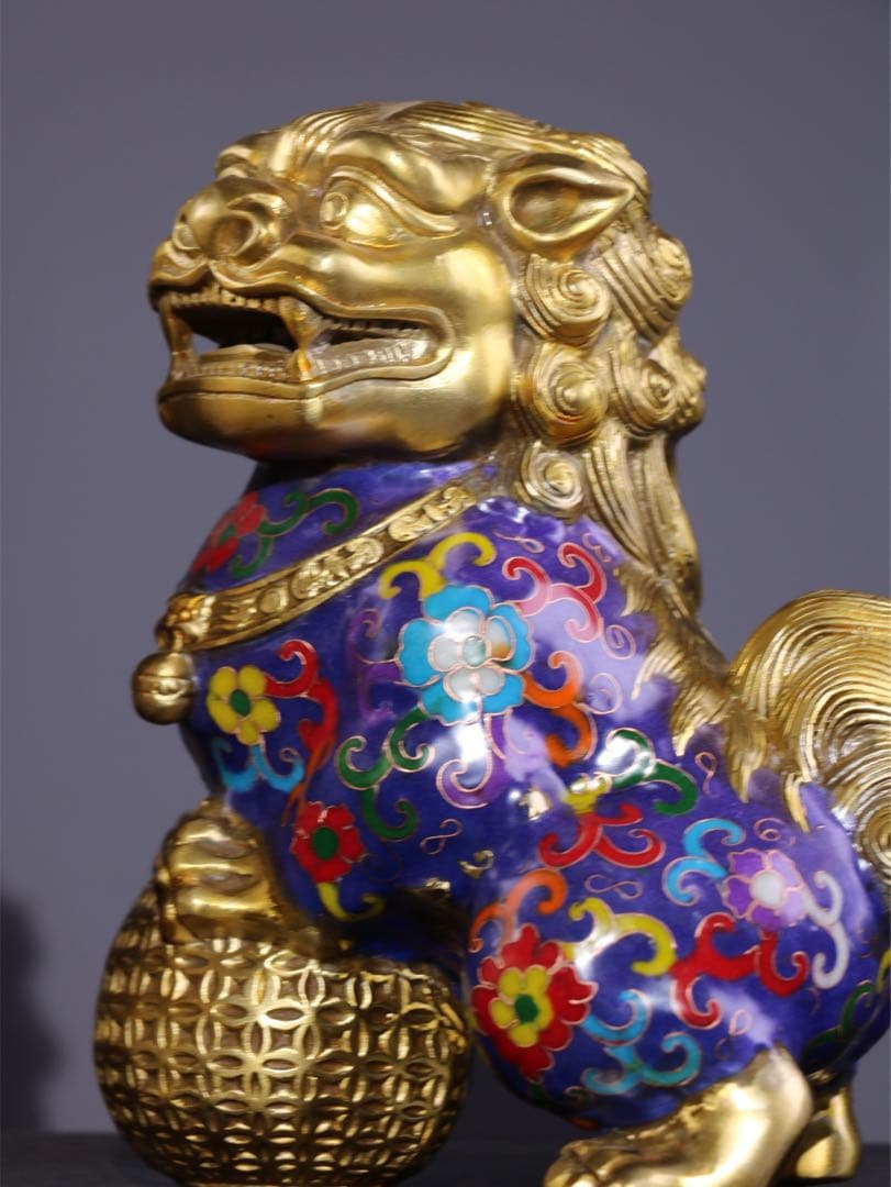 旧蔵　純銅景泰藍（けいたいらん）門獅（もんじ）置物