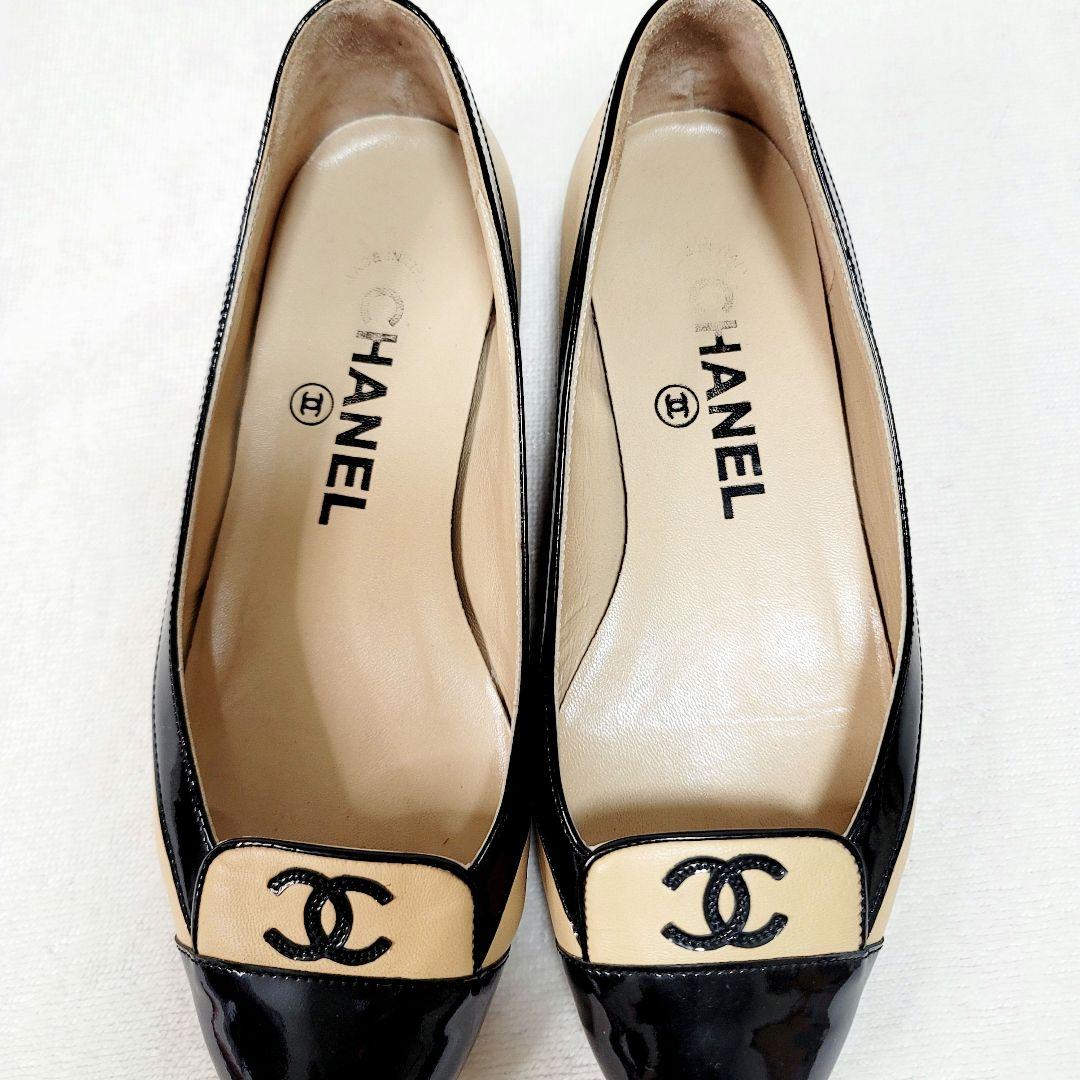 美品☆CHANELココマークバイカラーレザーエナメルフラットシューズパンプス