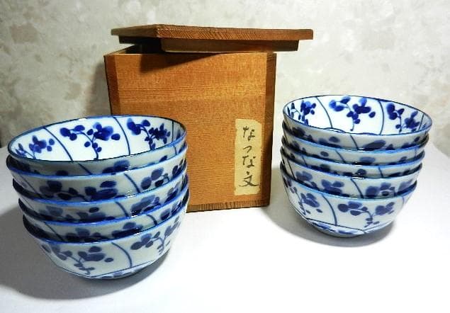 古伊万里染付渦霊芝文（なずな文）煎茶碗１０客「染付なつな文　汲出し」