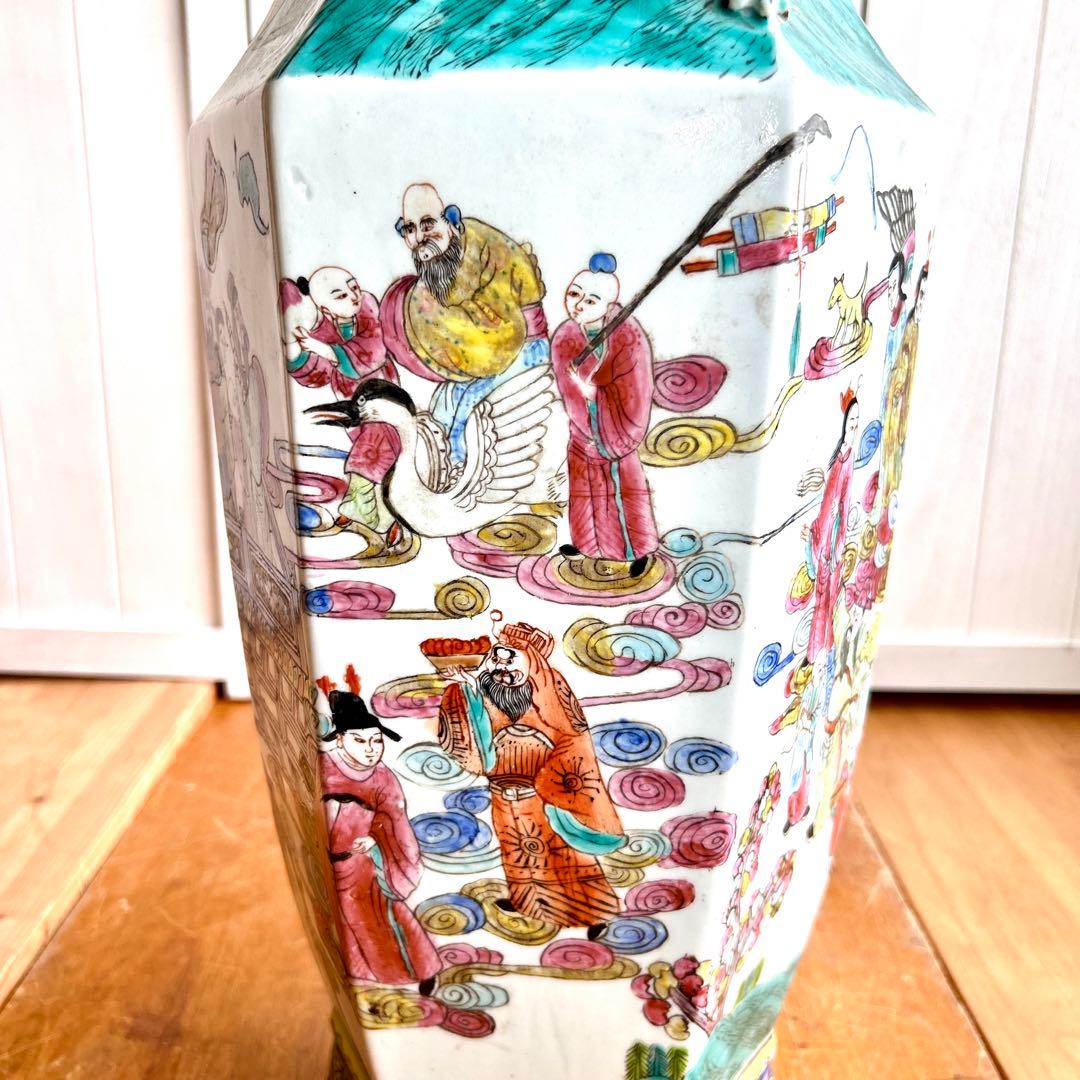 粉彩大花瓶 仙人図絵 花文双耳 八角瓶 珍品 中国