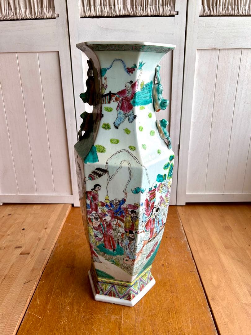 粉彩大花瓶 仙人図絵 花文双耳 八角瓶 珍品 中国