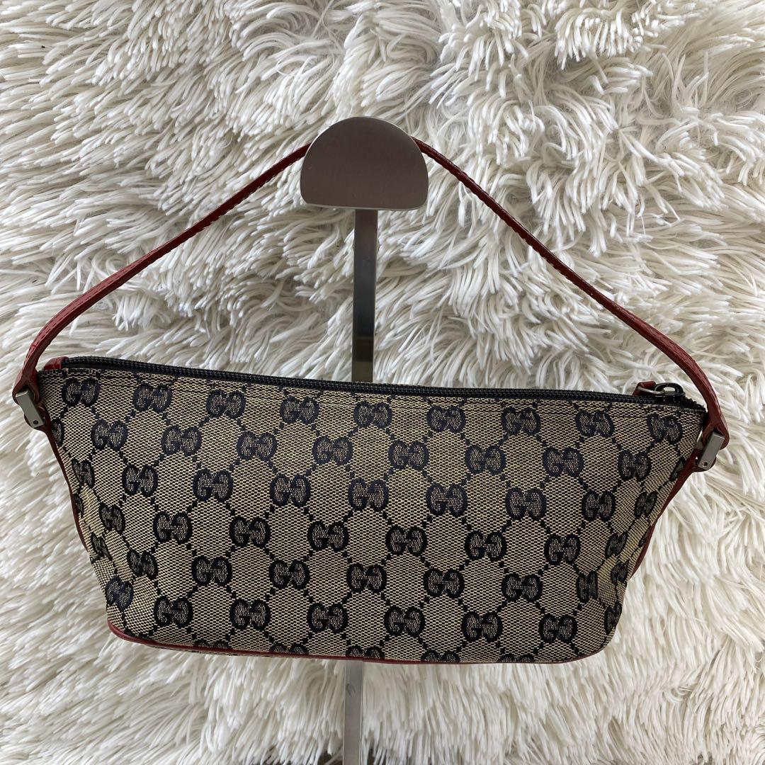 良品 GUCCI アクセサリーポーチ キャンバス GG柄 ロゴプレート　茶×赤