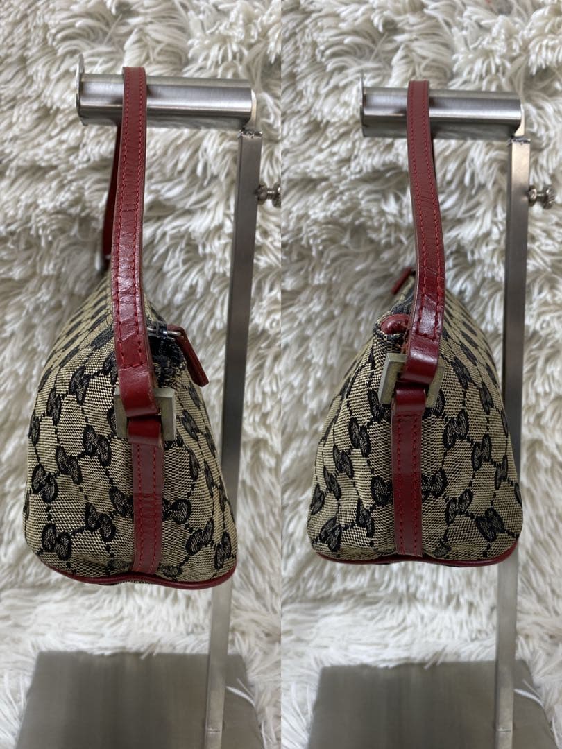 良品 GUCCI アクセサリーポーチ キャンバス GG柄 ロゴプレート　茶×赤
