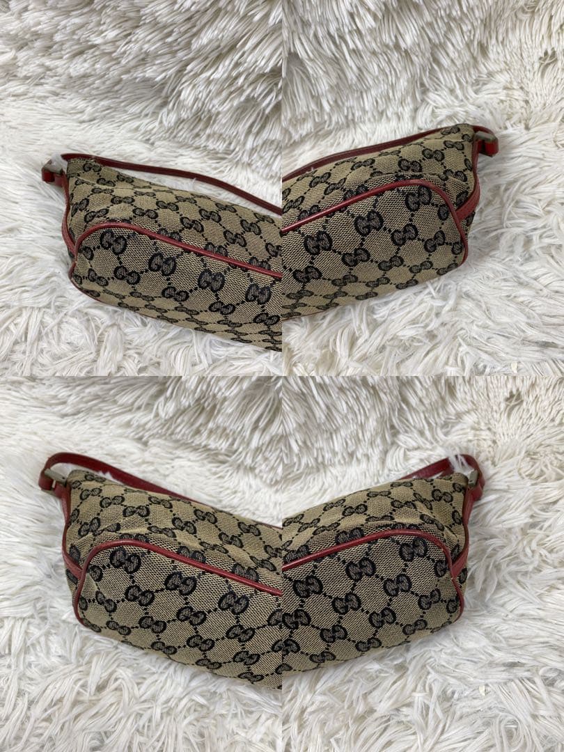 良品 GUCCI アクセサリーポーチ キャンバス GG柄 ロゴプレート　茶×赤