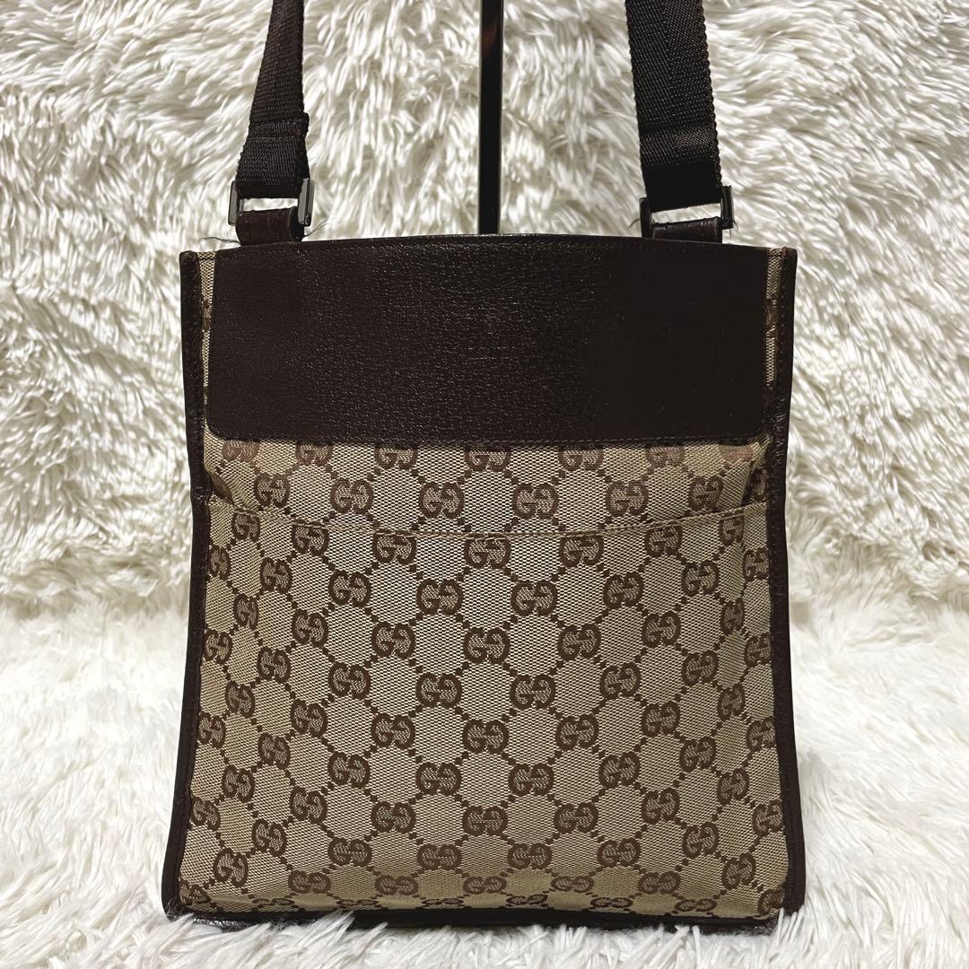 【美品】GUCCI グッチ　ショルダーバッグ　キャンバス　レザー　斜め掛け　茶