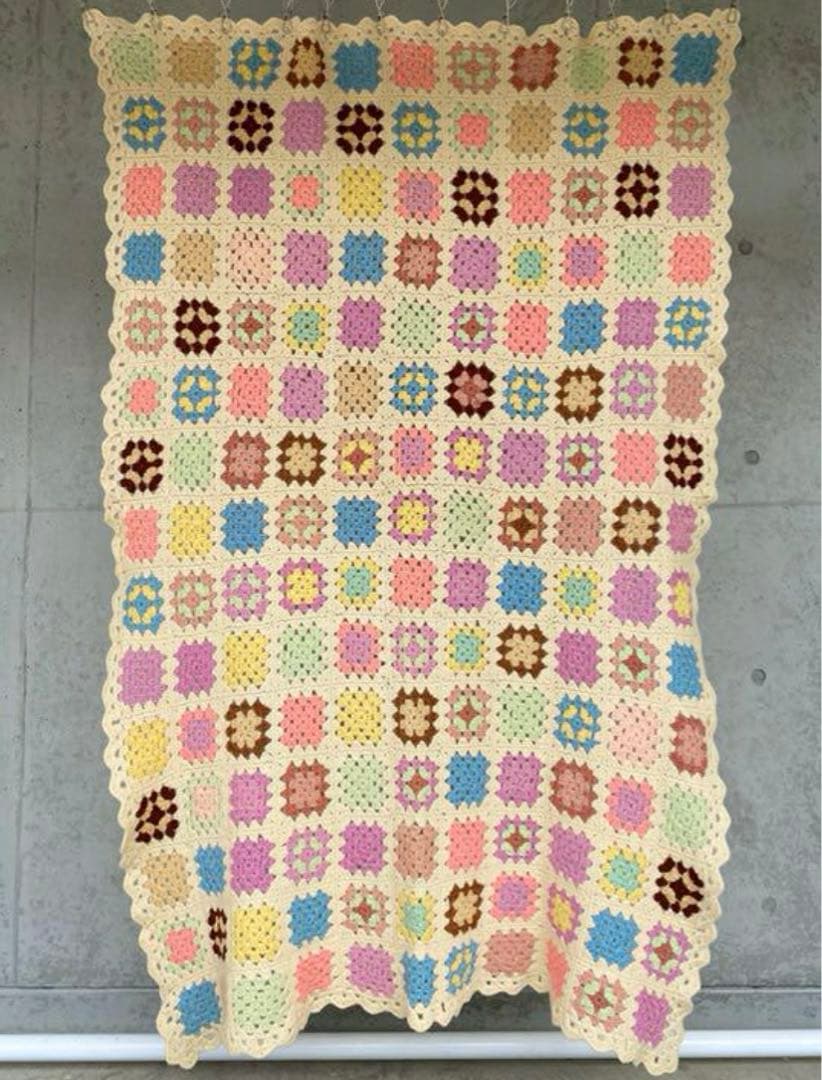 古着 ビンテージ 70s グラニー ブランケット 大判 キャンプ ラグ