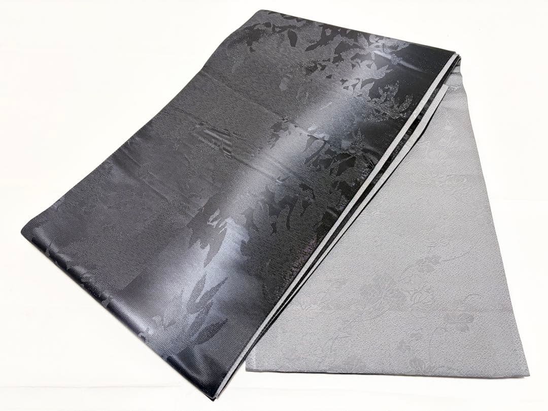 B リーフ模様 銀通し 室華風 作家物 黒 モノトーン シック 正絹 全通 袋帯