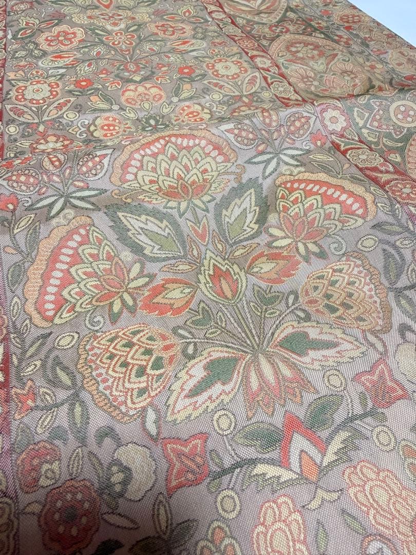 高級 袋帯 正絹 六通柄 更紗花文 オレンジ 洒落帯 シャレ帯 小紋 訪問着